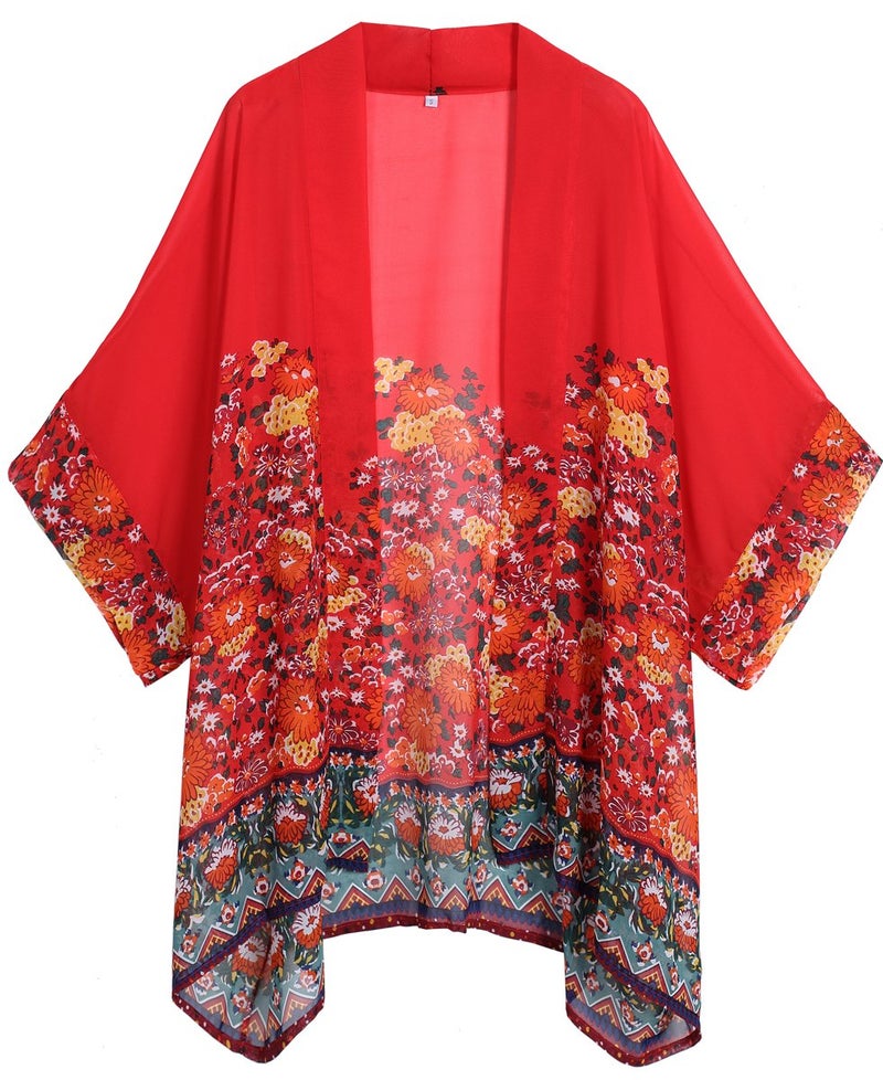 olrain Women's Floral Print Sheer Chiffon 3/4 Bat Sleeve Casual Loose Kimono Cardigan Capes (X-Large, Red) - Image 3